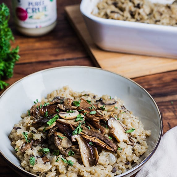Mushroom risotto with raw white almond butter