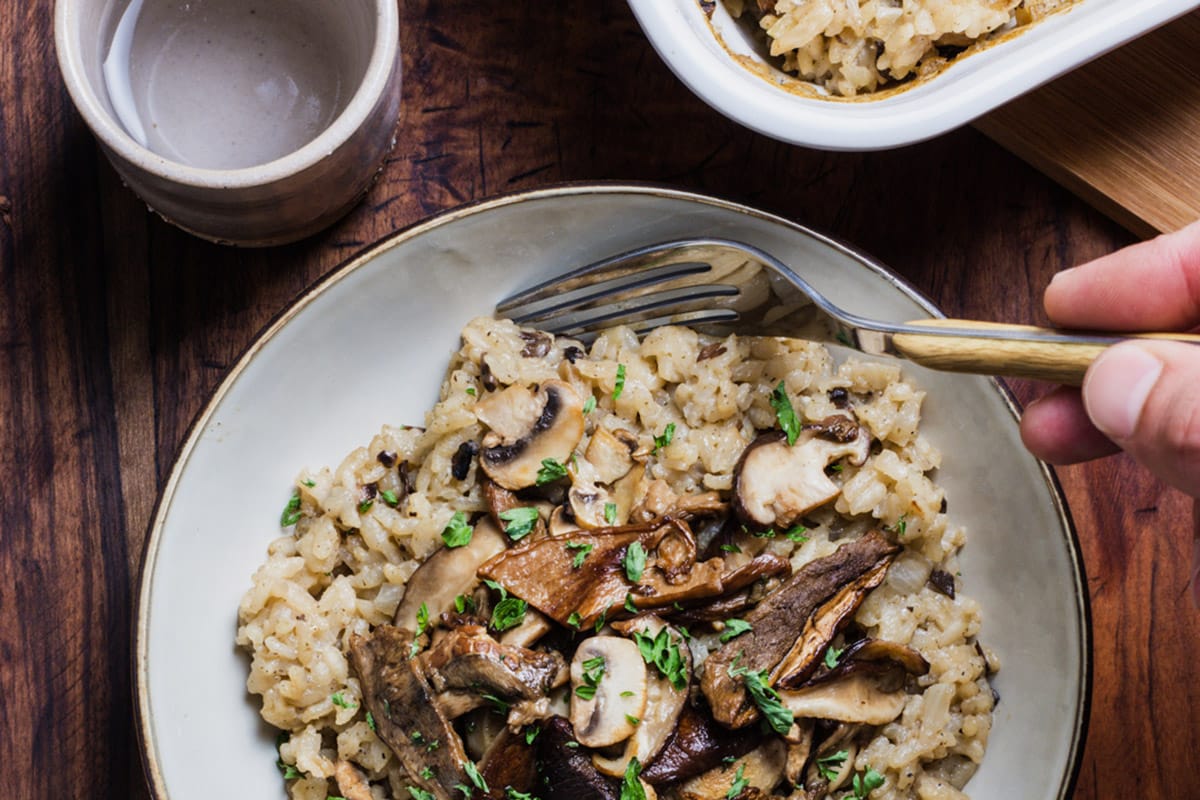 Mushroom risotto with raw white almond butter