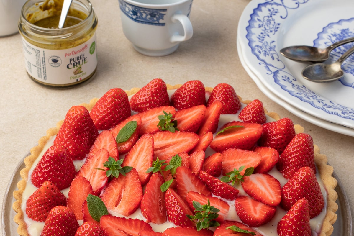 Tarte aux fraises Purée de pistache crue